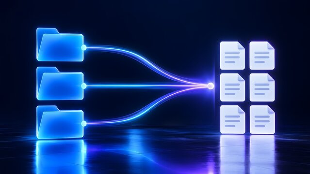Digital file consolidation and data aggregation workflow connecting glowing blue folders into organized documents on a dark background