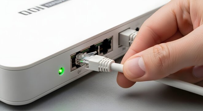 Hand plugging an Ethernet cable into a white internet router device