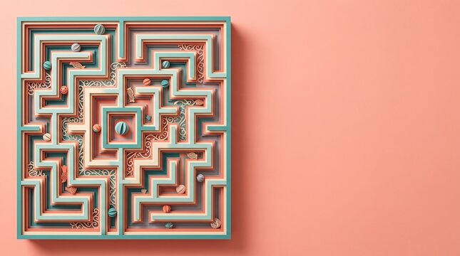 Intricate 3D maze puzzle game with colorful balls, representing a complex challenge, strategic navigation, and problem-solving journey on a peach background