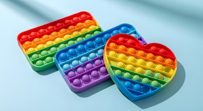 Pop it toy set with rectangular and heart shapes on a blue surface
