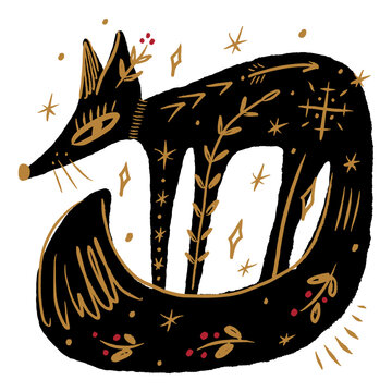 Cute whimsical weirdcore mystical celestial black fox decorated with magic stars, arrow, red berries, and botanical leaves in folk art vector illustration