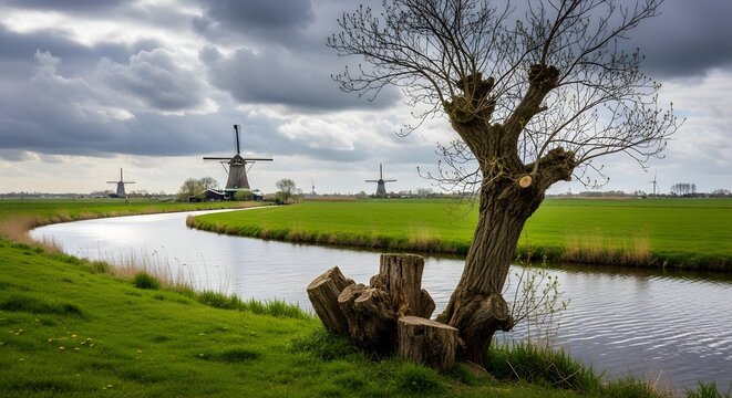 Winding river flows past gnarled tree and historic dutch windmills
