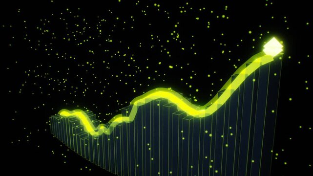Glowing neon yellow line chart moves across dark grid columns with flying floating particles in a futuristic 3D animation