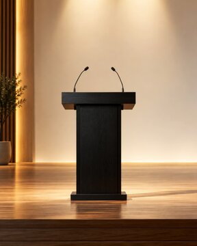Black lectern with dual microphones on minimalist warm stage