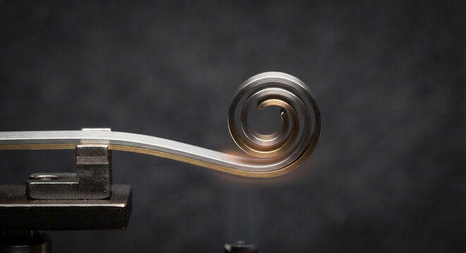 Precision bimetallic strip curling into an elegant spiral under localized radiant heat, mechanical engineering physics asset