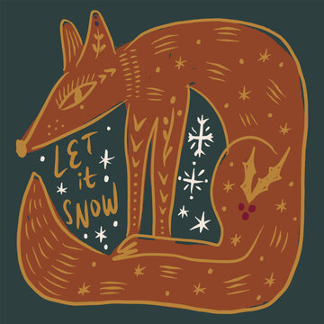 Cute whimsical weirdcore mystical celestial fox with let it snow lettering, snowflakes, christmas holly berries, and celestial stars in folk art winter vector illustration