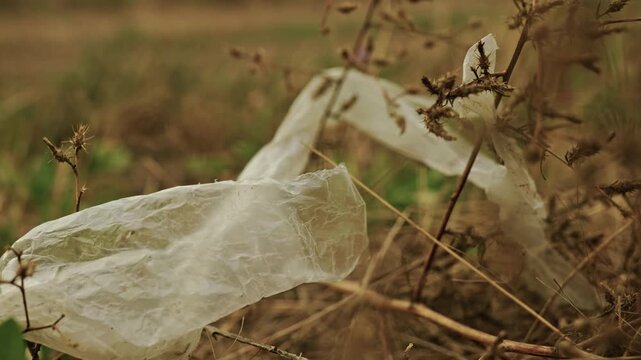 Close-up shot of discarded plastic waste and litter lying among dry grass in a rural field under soft overcast light.