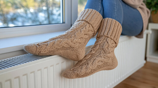 Warm beige knitted socks resting over a modern white radiator, close-up view emphasizing intricate wool fibers and cozy tactile texture, cool winter daylight entering through a frosted window, minim