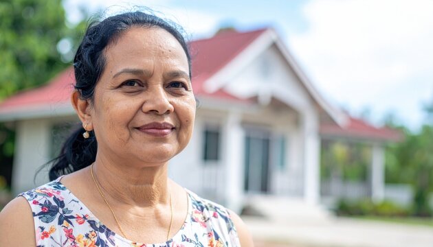 Portrait of senior woman in front of beautiful vacation home