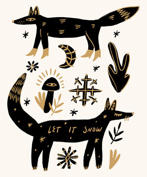 Cute mystical winter fox set featuring glowing eye mushroom, snowflakes, crescent moon, botanical leaves, and stars in folk art vector illustration style, good for Christmas postcards