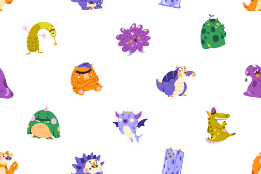 Repeatable pattern of cute kids monsters. Endless background of funny Halloween characters, amusing aliens with wings and horns, happy dragons and dinosaurs. Flat seamless vector illustration