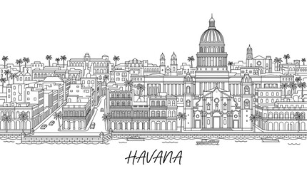 Obraz premium Havana Cityscape Drawing: Capitol Building, Architecture, Skyline, Cuba