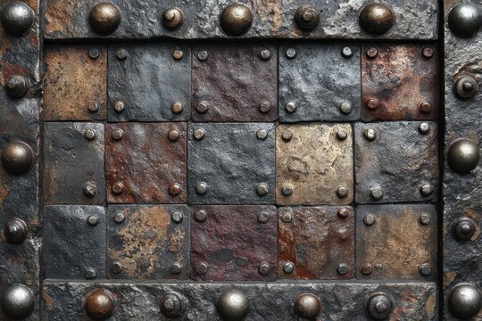 A close-up reveals an old, rustic metal surface with square panels and rivets. This texture is perfect for historical backdrops or antique-themed presentations.