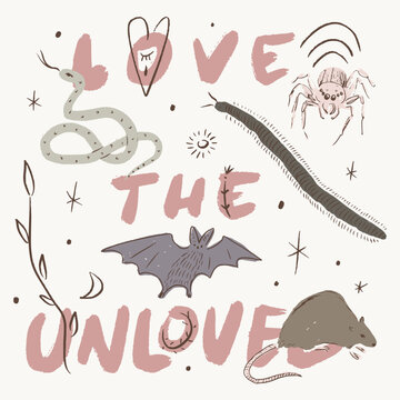 Animals quote love the unloved lettering quote set featuring bat, rat, spider, snake, centipede bug, heart eye symbol, crescent moon and celestial stars in naive style vector illustration bundle