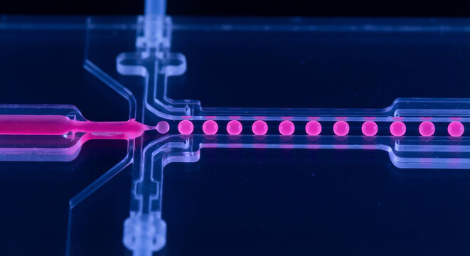 Microfluidic chip junction showing vibrant fluorescent pink liquid streams shearing into uniform monodisperse micro-droplets in transparent polymer channels