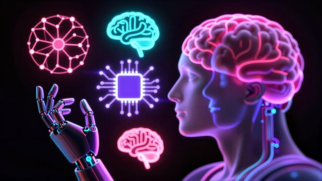 Neon brains, robot hand, and circuit board symbolize AI merging human thought with machine intelligence.