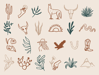 Obraz premium Custom handmade mystical western desert clipart set featuring wolf, bull skull, cowgirl, boot, horseshoe, snake, eagle bird, cacti, mountains, rising sun and celestial hands rustic vector illustration