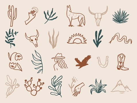 Custom handmade mystical western desert clipart set featuring wolf, bull skull, cowgirl, boot, horseshoe, snake, eagle bird, cacti, mountains, rising sun and celestial hands rustic vector illustration