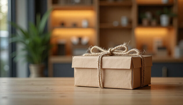 Craft cardboard gift box tied with twine rope on wooden counter in a shop