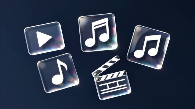 Floating transparent icons: video, music, headphones, and film clapperboard against a dark background.