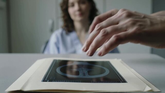 Entering frame, white-sleeved hands sliding X-ray film on clinic table, showing results to patient