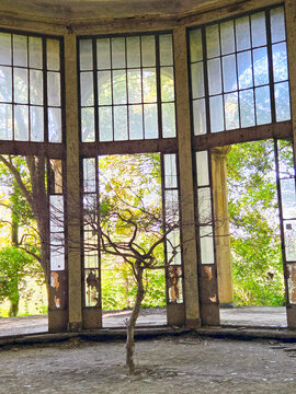 Old ball room in ruinous soviet era sanatorium in Tsqaltubo, Georgia