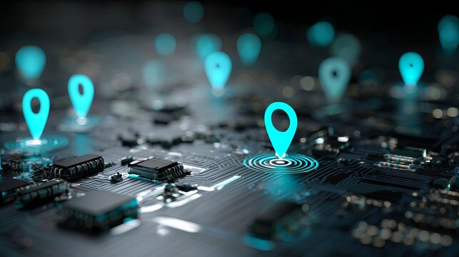 Glowing teal location pins hover above a complex circuit board, suggesting global connectivity and modern technological networks, background representing digital mapping solutions
