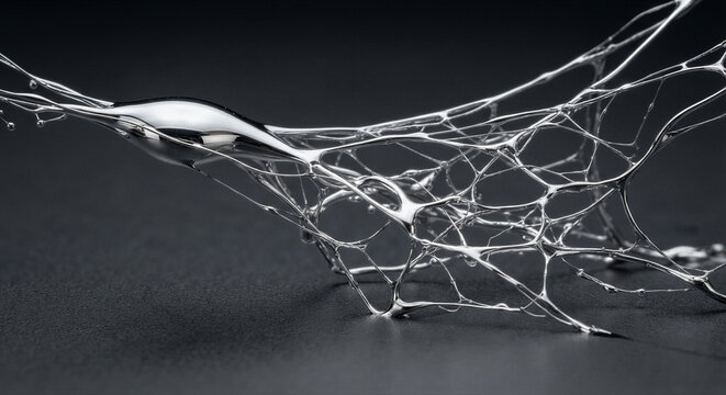Liquid metal gallium alloy droplet stretching into complex web-like strands on hydrophobic surface