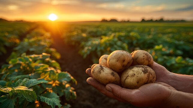Holding freshly harvested potatoes in open hands amidst a vibrant field during a beautiful sunset, representing agricultural abundance and rural landscape