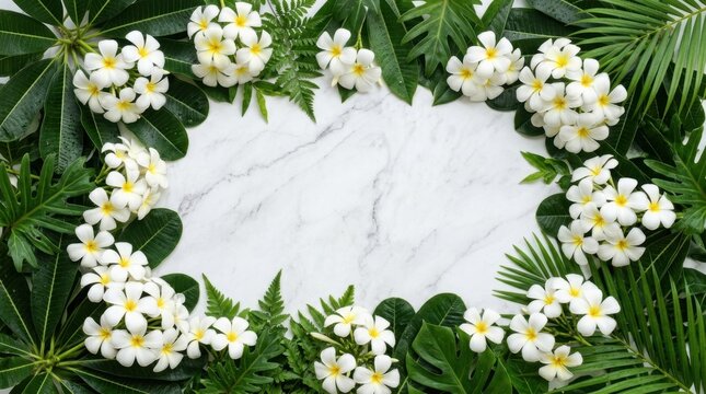 Beautiful white plumeria flowers and lush green tropical leaves frame a clean marble surface background