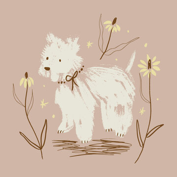 Highland White Terrier Scottish dog puppy breed fluffy wearing bow ribbon standing among blooming wildflowers and magical stars in cute textured vector illustration