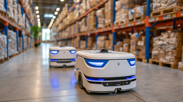 Two compact autonomous warehouse robots traveling down a spotless industrial aisle, enclosed white cargo compartments mounted on low wheeled bases, symmetrical shelving filled with organized package