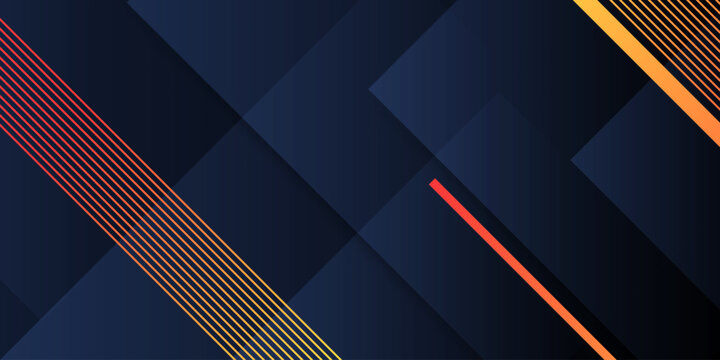 Dark blue abstract background with dynamic orange and red diagonal stripes and geometric layered shapes for modern corporate design