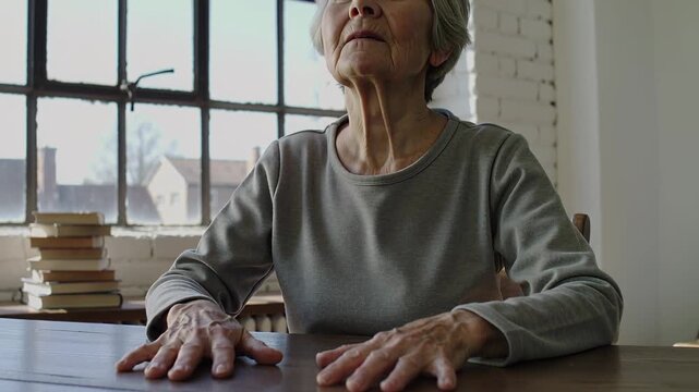 Bracing hands on wooden table, senior in grey long-sleeve top straightening lifting chin at window