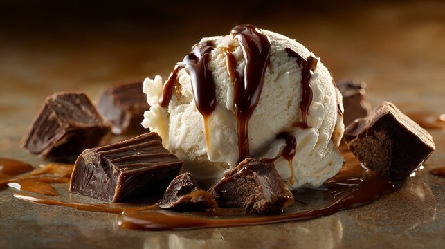 Creamy vanilla ice cream scoop generously drizzled with chocolate sauce, surrounded by chunks of rich dark chocolate, representing indulgent dessert delight
