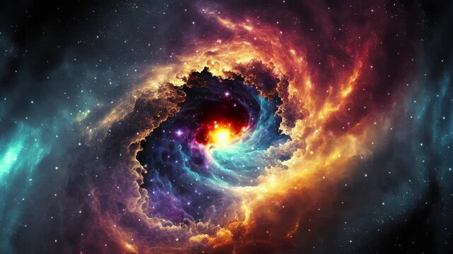 Vibrant cosmic nebula swirling in deep space, glowing with colorful interstellar gas, dust, stars, beauty of universe, galaxy formation, cosmic energy, astronomy background. Milky Way Travel Adventure