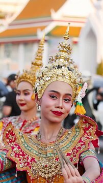 Traditional Thai Khon Dancer in Ornate Gold Costume at Wat Suthat