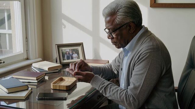 Reaching toward tray, senior in collared shirt inspecting ring and earpiece at home study