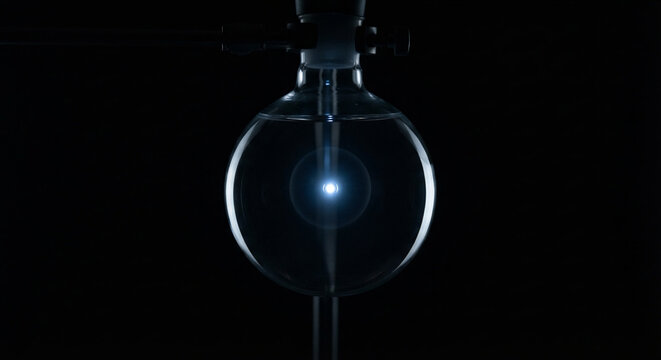 Sonoluminescence glowing light point inside spherical quartz flask in darkroom physics research
