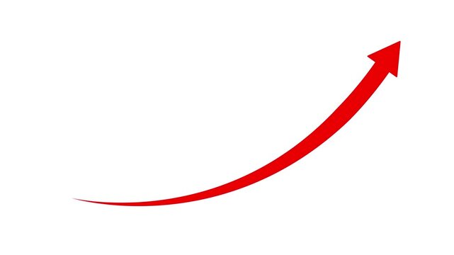 Solid red curved arrow pointing upward icon for business growth, financial success, profit increase, stock market surge, performance progress