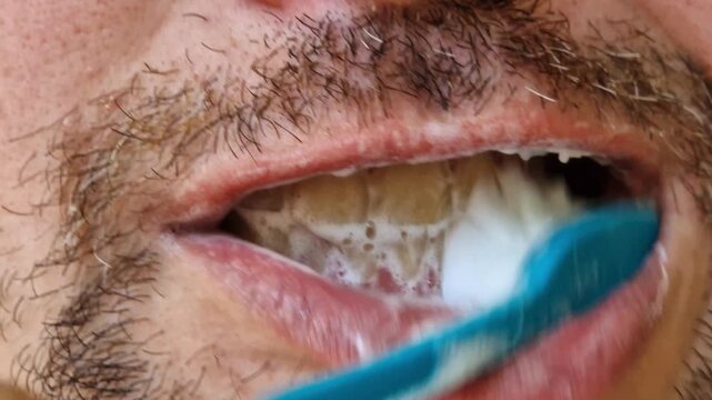 The process of brushing teeth with a brush and toothpaste with foam close-up. A man brushes his teeth with a blue toothbrush using white toothpaste. Close-up of the oral cavity, personal hygiene