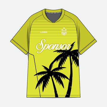 Lime sports jersey with palm tree graphic.