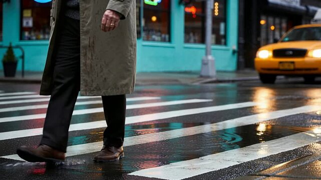 Stepping into puddle, man in beige coat walking zebra crossing toward curb with taxi reflections