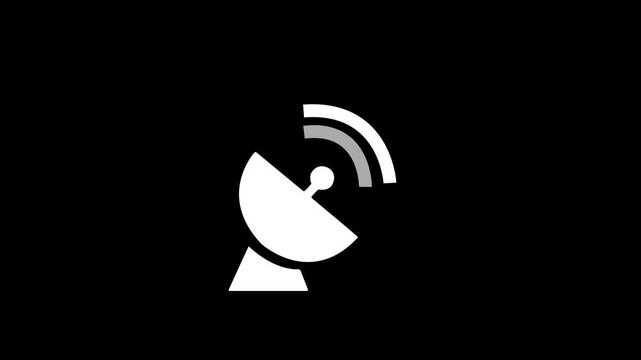 Monochromatic satellite dish antenna icon transmitting radio signals for telecommunications, space communication, radar detection, network broadcast