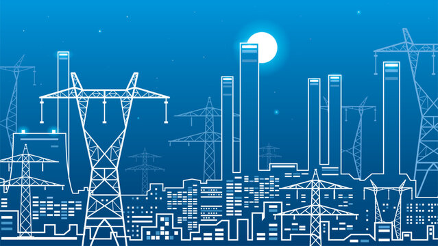 Industrial city skyline with power transmission towers, factory buildings and electricity infrastructure at night. Blue line art illustration of power generation, energy distribution, electrical grid 