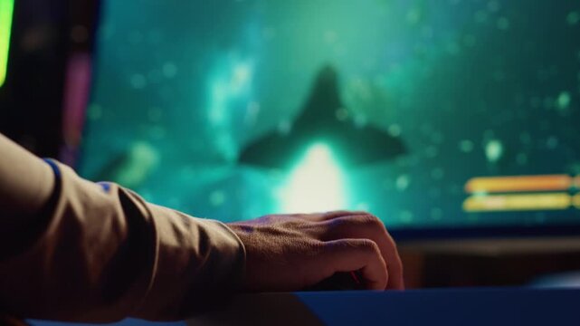 Male gamer playing in first person shooter on computer laptop at home. Young man in headphones spending time at online video game on pc at night. cyberspace, competition and tournament. keyboard mouse