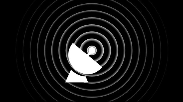 Monochromatic satellite dish antenna icon transmitting radio signals for telecommunications, space communication, radar detection, network broadcast