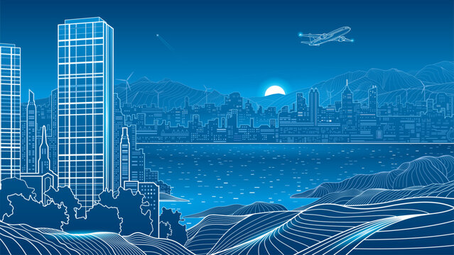 Panoramic modern waterfront city with skyscrapers, bay, mountains and urban skyline at sunset. Futuristic blue line cityscape with coastal landscape, airplane and distant wind turbines.