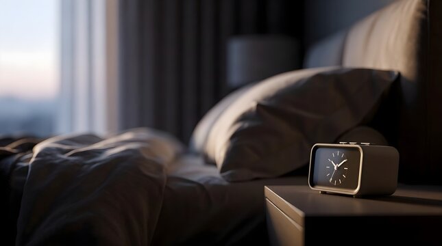 Morning alarm clock on bedside table in a cozy bedroom with soft light