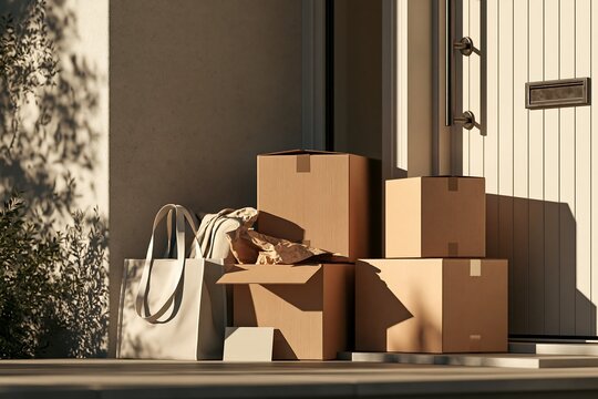 Cardboard delivery boxes stacked on porch steps outside residential front door
